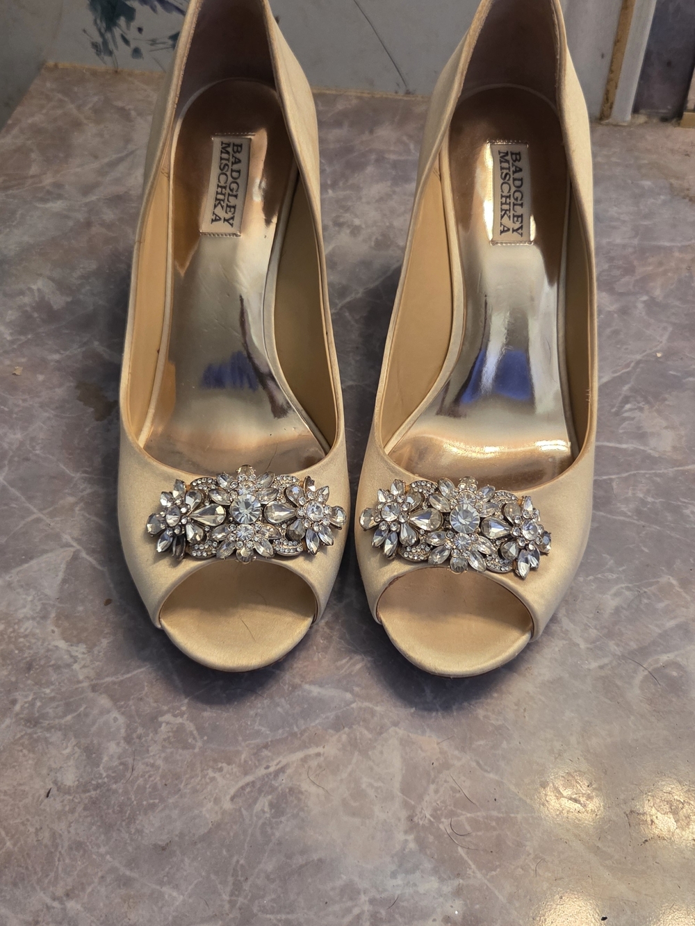 Badgley Mischka Gold Embellished Peep-Toe Heels